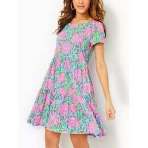 Lilly Pulitzer Geanna Floral Tiered Dress Size XL Short Sleeve 100% Cotton